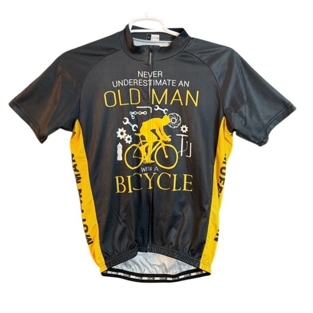 OCG Old Man With A Bicycle Muffin Man Cycling Jersey Mens Large Gray Yellow Zip
